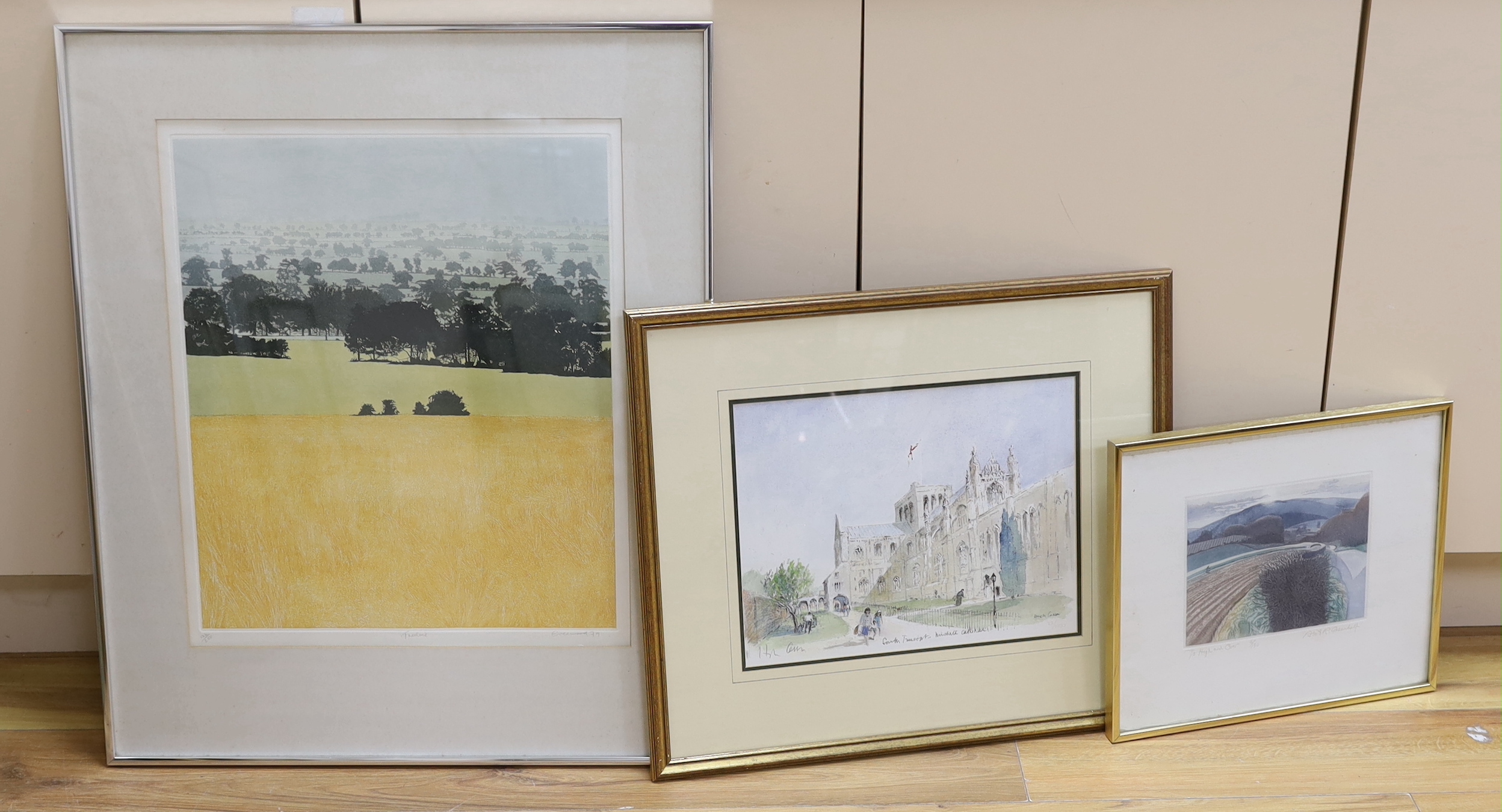 Four pencil signed prints including Hugh Casson (1910-1999) Cathedral, Robert R Greenhalf (b.1950) Two Highland Over and Phil Greenwood (b.1943) Treeline, three framed, largest 55 x 45cm